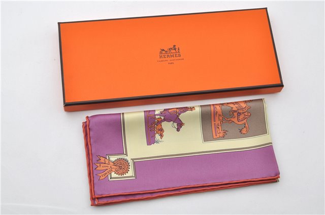 Authentic HERMES Petit Carre 40 Scarf Handkerchief Horse Motif Silk Purple 5383E