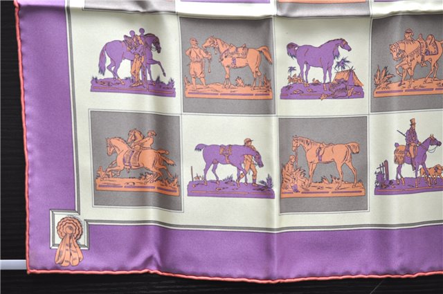 Authentic HERMES Petit Carre 40 Scarf Handkerchief Horse Motif Silk Purple 5383E