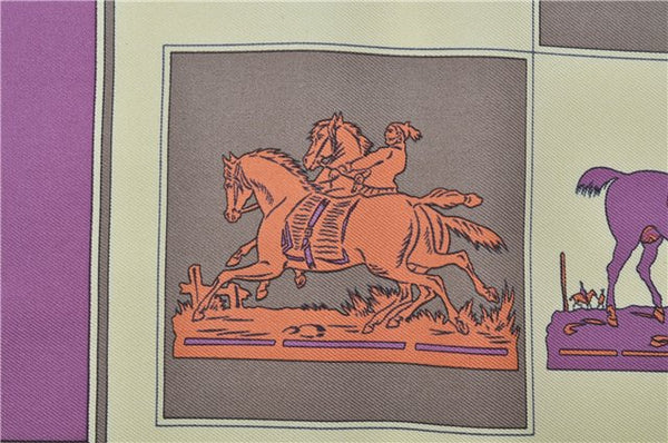 Authentic HERMES Petit Carre 40 Scarf Handkerchief Horse Motif Silk Purple 5383E