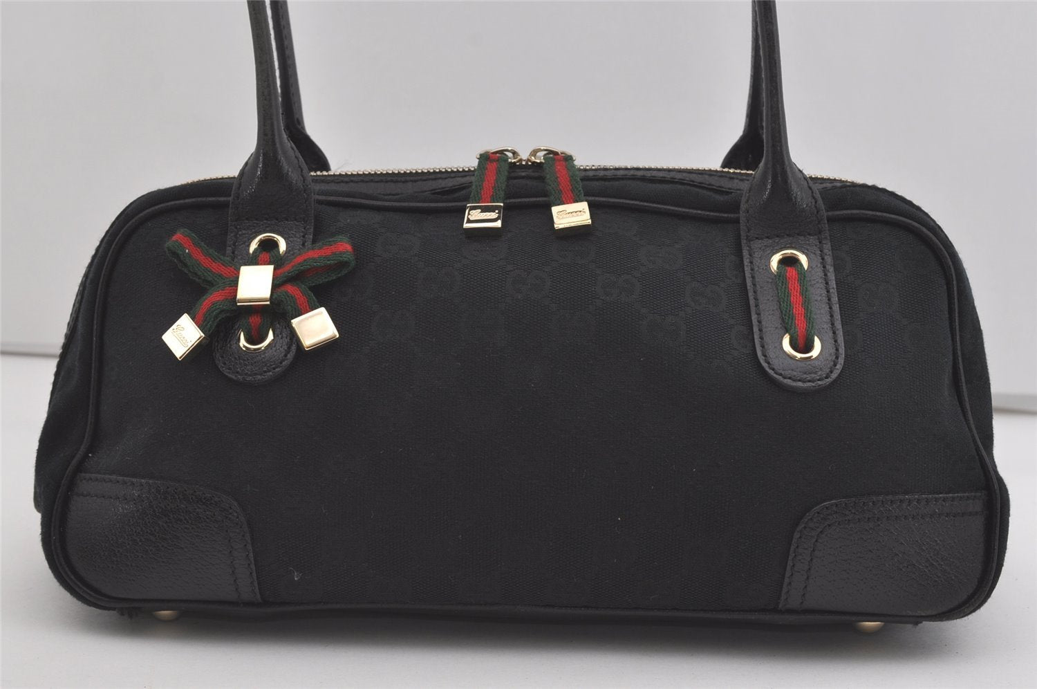 Authentic GUCCI Web Sherry Line Princy Shoulder Bag GG Canvas 161720 Black 5386I