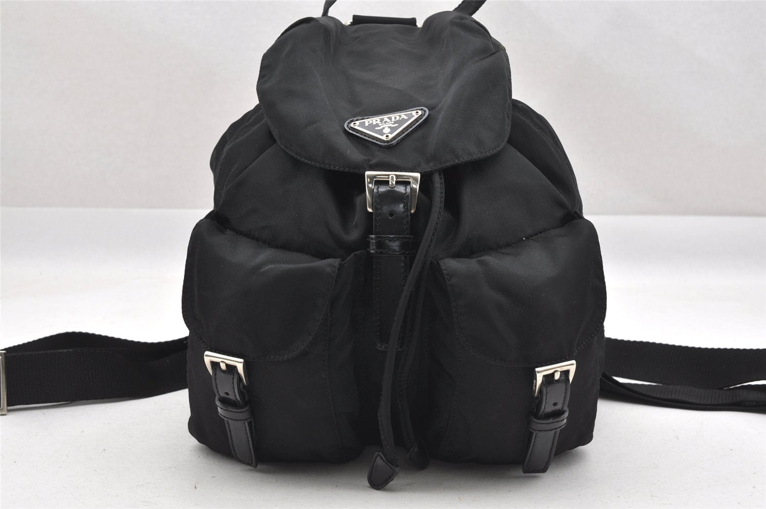 Authentic PRADA Vintage Nylon Tessuto Leather Drawstring Backpack Black 5390I