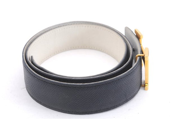 Authentic HERMES Constance Leather Belt Size 75cm 27.6" Navy Ivory 5397E