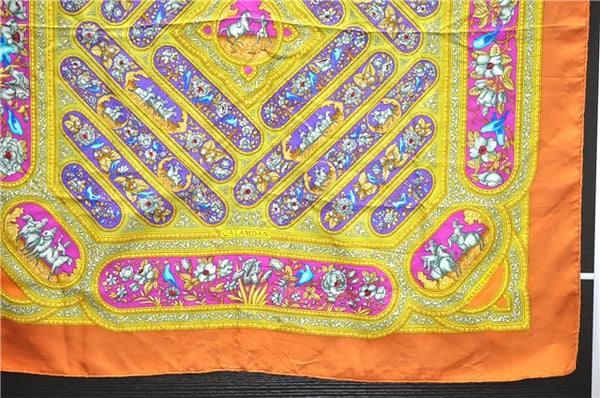 Authentic HERMES Carre 90 Scarf "QALAMDAN" Silk Orange 5401D