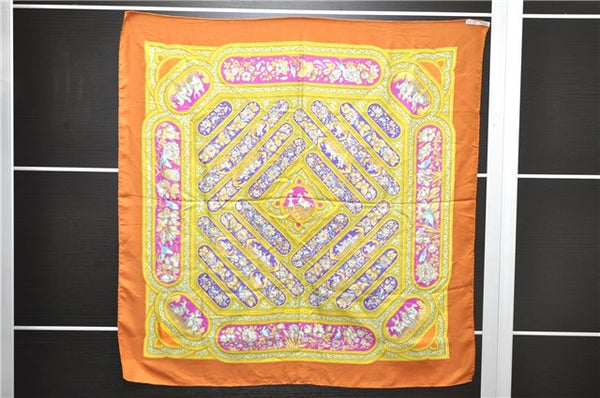 Authentic HERMES Carre 90 Scarf "QALAMDAN" Silk Orange 5401D