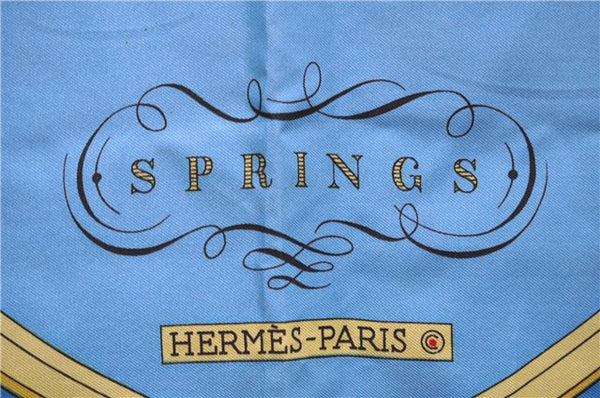 Authentic HERMES Carre 90 Scarf "SORINGS" Silk Blue 5402D