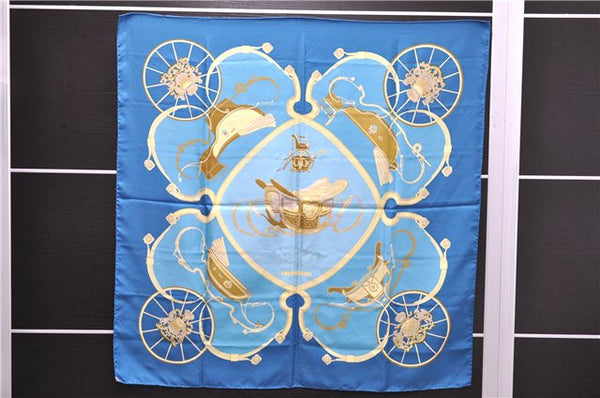 Authentic HERMES Carre 90 Scarf "SORINGS" Silk Blue 5402D