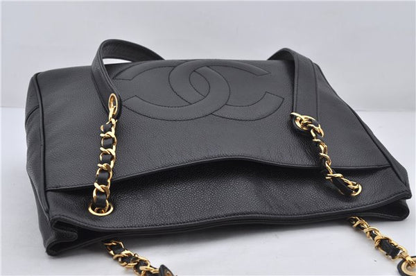 Authentic CHANEL Caviar Skin CoCo Mark Chain Shoulder Tote Bag Purse Black 5403E