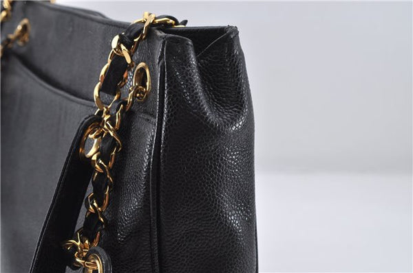 Authentic CHANEL Caviar Skin CoCo Mark Chain Shoulder Tote Bag Purse Black 5403E