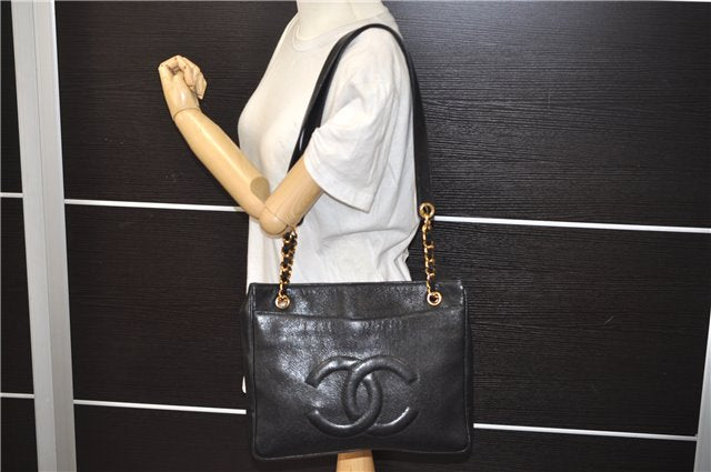 Authentic CHANEL Caviar Skin CoCo Mark Chain Shoulder Tote Bag Purse Black 5403E