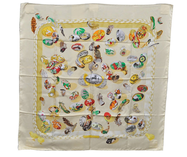 Authentic HERMES Carre 90 Scarf "Couvee d Hermes" Silk Beige 5410C