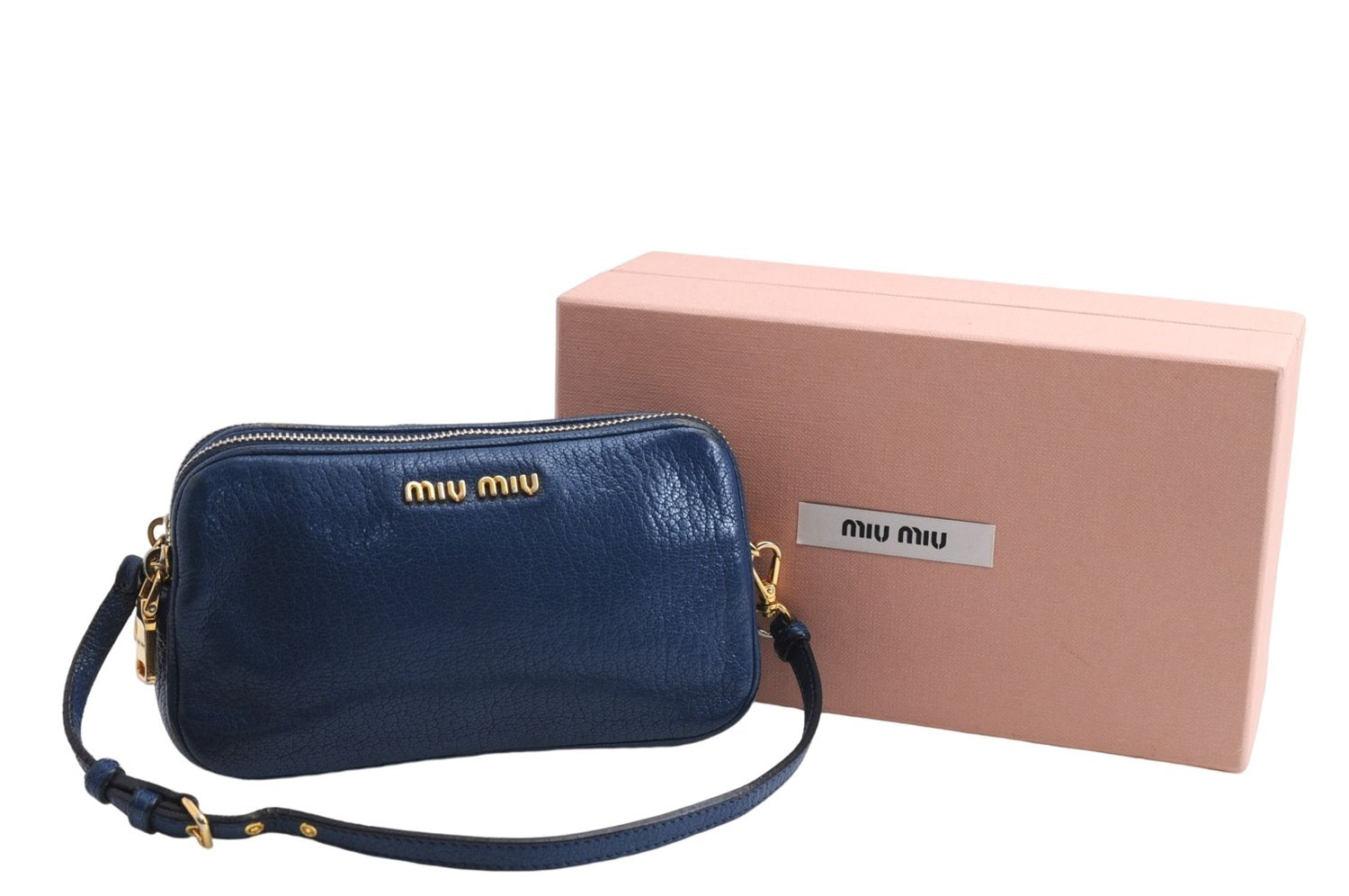 Authentic MIU MIU Leather Hand Pouch Purse 5ARH02 Blue Box 5412E