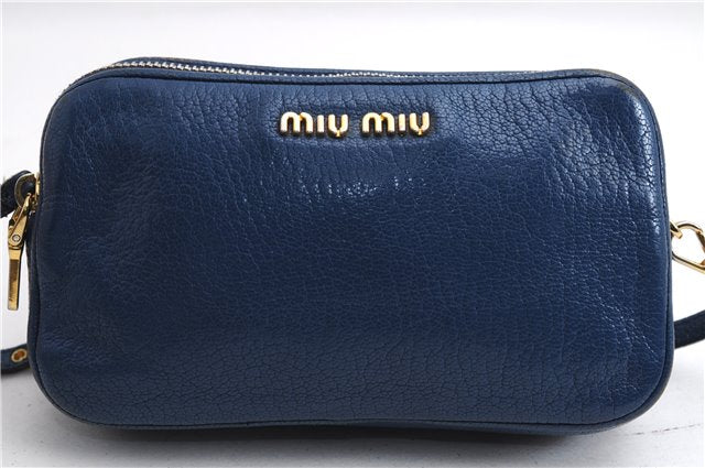 Authentic MIU MIU Leather Hand Pouch Purse 5ARH02 Blue Box 5412E