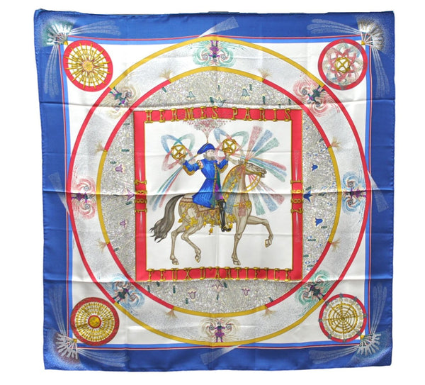 Authentic HERMES Carre 90 Scarf "FEUX D'ARTIFICE" Silk Blue 5414D