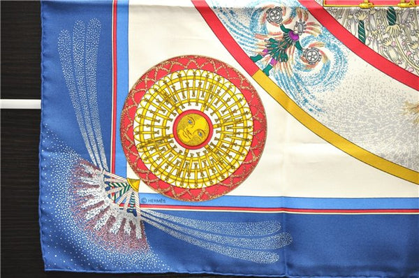 Authentic HERMES Carre 90 Scarf "FEUX D'ARTIFICE" Silk Blue 5414D