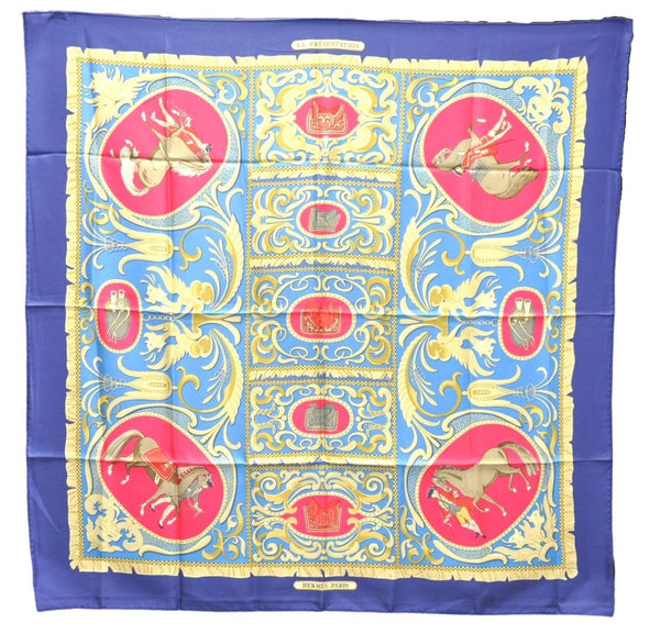 Authentic HERMES Carre 90 Scarf "LA PRESENTATION" Silk Blue Paper Bag 5419D