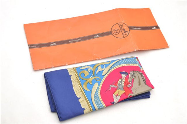 Authentic HERMES Carre 90 Scarf "LA PRESENTATION" Silk Blue Paper Bag 5419D