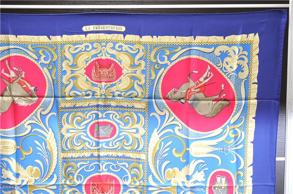 Authentic HERMES Carre 90 Scarf "LA PRESENTATION" Silk Blue Paper Bag 5419D