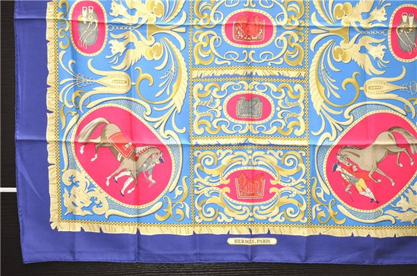 Authentic HERMES Carre 90 Scarf "LA PRESENTATION" Silk Blue Paper Bag 5419D