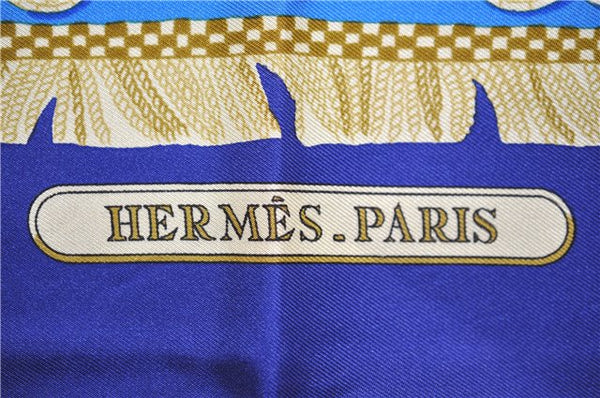Authentic HERMES Carre 90 Scarf "LA PRESENTATION" Silk Blue Paper Bag 5419D