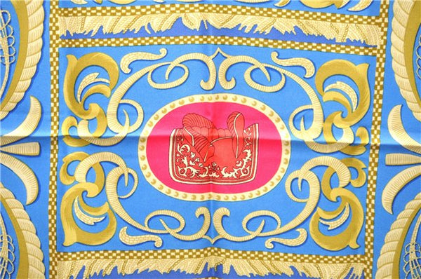 Authentic HERMES Carre 90 Scarf "LA PRESENTATION" Silk Blue Paper Bag 5419D