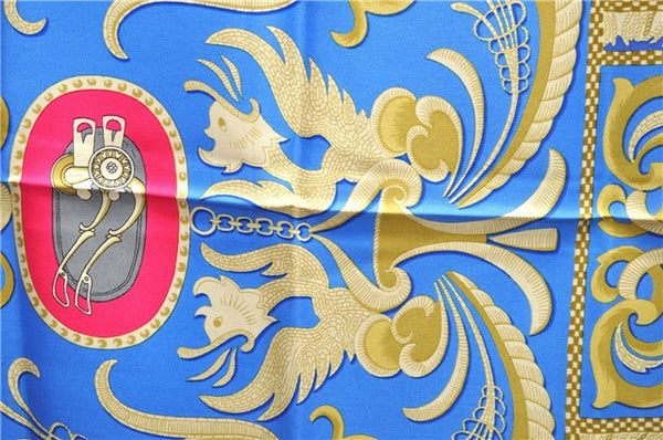Authentic HERMES Carre 90 Scarf "LA PRESENTATION" Silk Blue Paper Bag 5419D