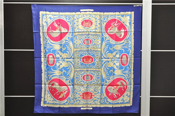 Authentic HERMES Carre 90 Scarf "LA PRESENTATION" Silk Blue Paper Bag 5419D