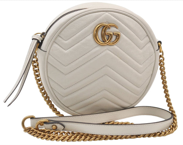Authentic GUCCI GG Marmont Chain Shoulder Cross Bag Leather 550154 White 5424E