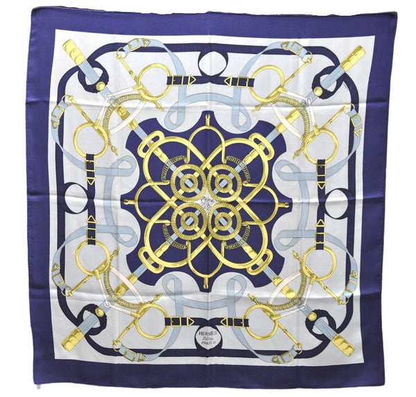 Authentic HERMES Carre 90 Scarf "Eperon d'or" Silk Navy 5425D