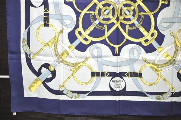 Authentic HERMES Carre 90 Scarf "Eperon d'or" Silk Navy 5425D