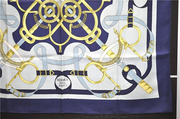 Authentic HERMES Carre 90 Scarf "Eperon d'or" Silk Navy 5425D
