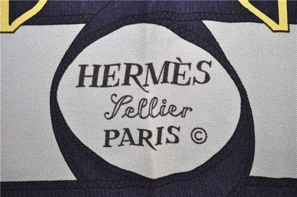 Authentic HERMES Carre 90 Scarf "Eperon d'or" Silk Navy 5425D
