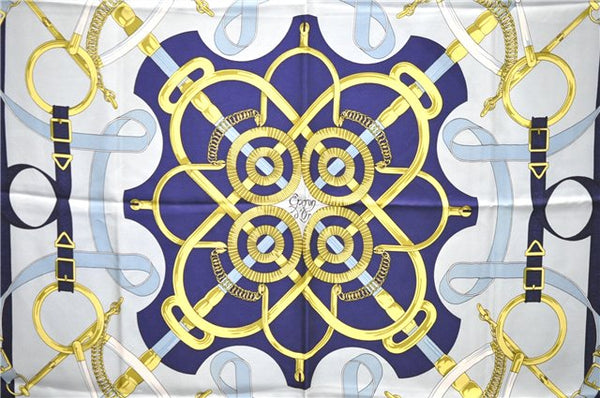 Authentic HERMES Carre 90 Scarf "Eperon d'or" Silk Navy 5425D