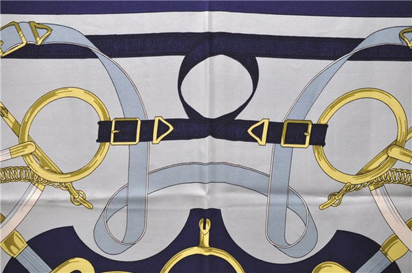 Authentic HERMES Carre 90 Scarf "Eperon d'or" Silk Navy 5425D