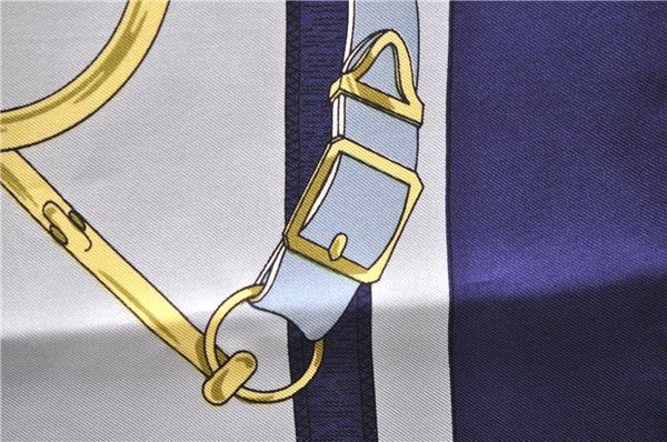 Authentic HERMES Carre 90 Scarf "Eperon d'or" Silk Navy 5425D