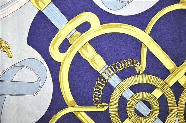 Authentic HERMES Carre 90 Scarf "Eperon d'or" Silk Navy 5425D