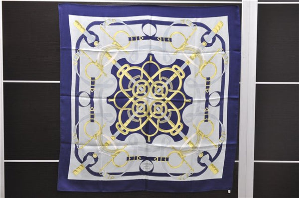 Authentic HERMES Carre 90 Scarf "Eperon d'or" Silk Navy 5425D