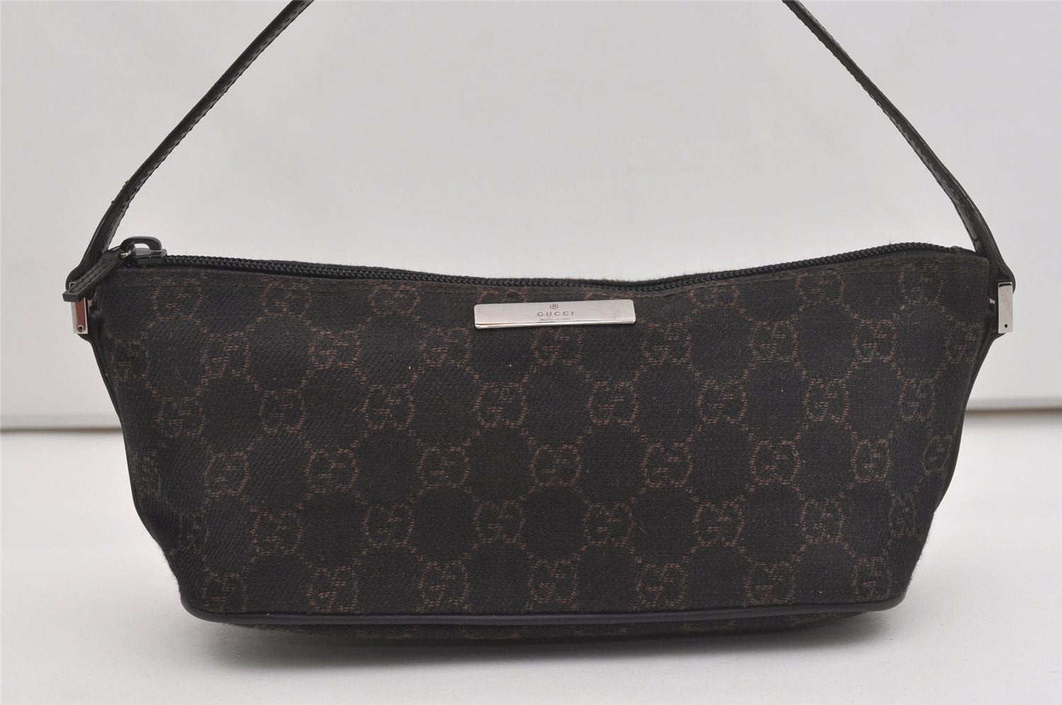 Authentic GUCCI Hand Bag Pouch Purse GG Canvas Leather 07198 Black 5429I