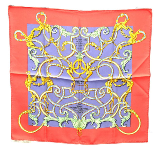 Auth HERMES Petit Carre 40 Scarf Handkerchief "L'INSTRVCTION" Silk Red 5430D