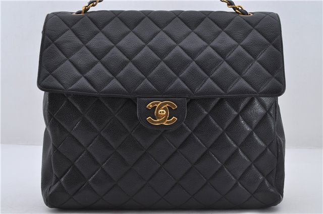 Authentic CHANEL Caviar Skin Turnlock Matelasse Shoulder Hand Bag Black 5430E