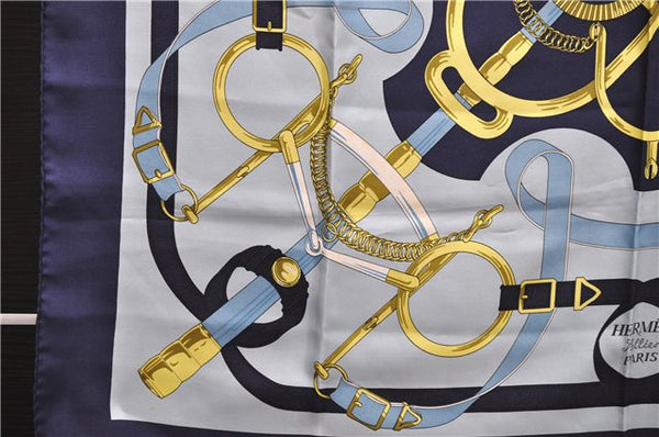 Authentic HERMES Carre 90 Scarf "Eperon d'or" Silk Navy 5431D