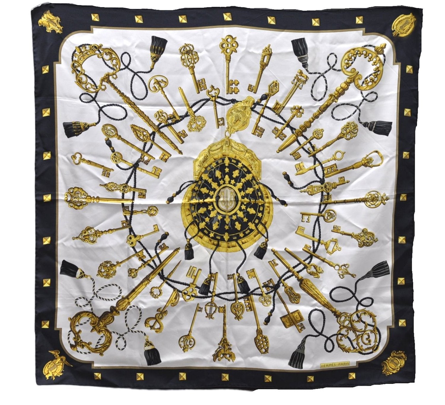 Authentic HERMES Carre 90 Scarf Key Tassel Motif Silk Black 5432D