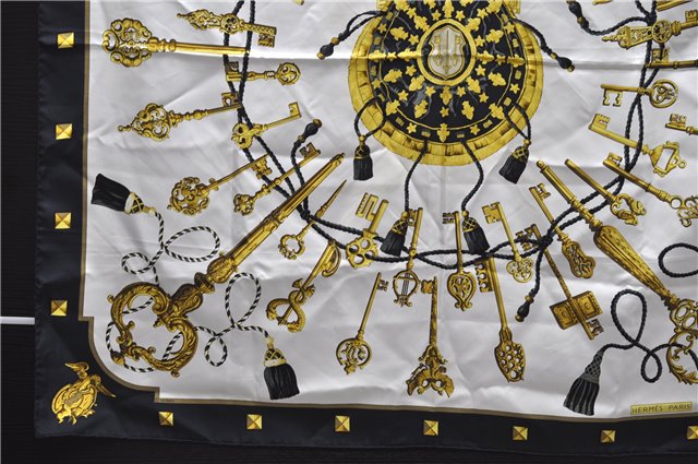 Authentic HERMES Carre 90 Scarf Key Tassel Motif Silk Black 5432D