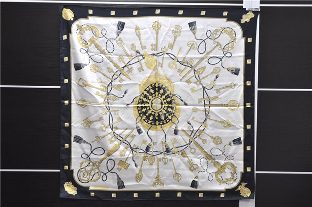 Authentic HERMES Carre 90 Scarf Key Tassel Motif Silk Black 5432D