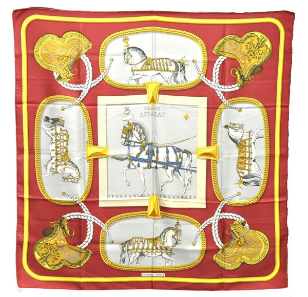 Authentic HERMES Carre 90 Scarf "GRAND APPARAT" Silk Red 5435D