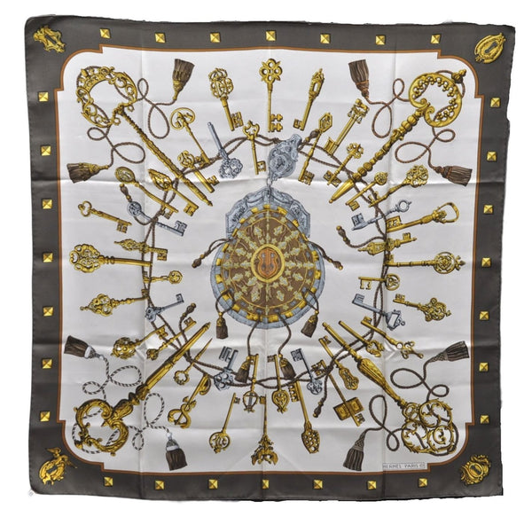 Authentic HERMES Carre 90 Scarf "LES CLES" Silk Brown 5436D