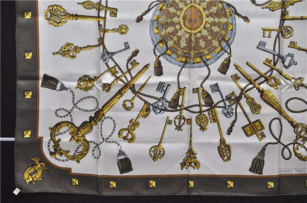 Authentic HERMES Carre 90 Scarf "LES CLES" Silk Brown 5436D