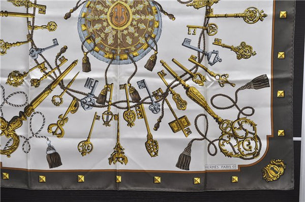 Authentic HERMES Carre 90 Scarf "LES CLES" Silk Brown 5436D