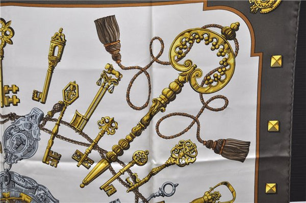 Authentic HERMES Carre 90 Scarf "LES CLES" Silk Brown 5436D