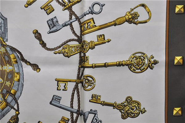 Authentic HERMES Carre 90 Scarf "LES CLES" Silk Brown 5436D