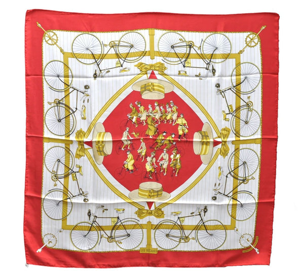 Authentic HERMES Carre 90 Scarf "LES BECANES" Silk Red 5438D